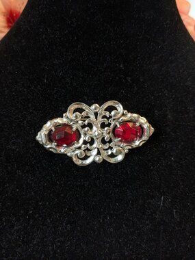 VTG Paul Sargent Signed 24KP Floral Filigree Brooch Red Stones Art Deco
